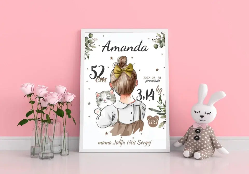 Personalizuota Mergaitės Gimimo Metrikų Iliustracija, plakatas su rėmeliu Posteris(Plakatas) - dovanokis.lt