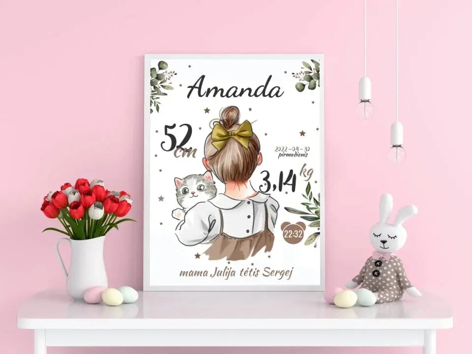 Personalizuota Mergaitės Gimimo Metrikų Iliustracija, plakatas su rėmeliu Posteris(Plakatas) - dovanokis.lt