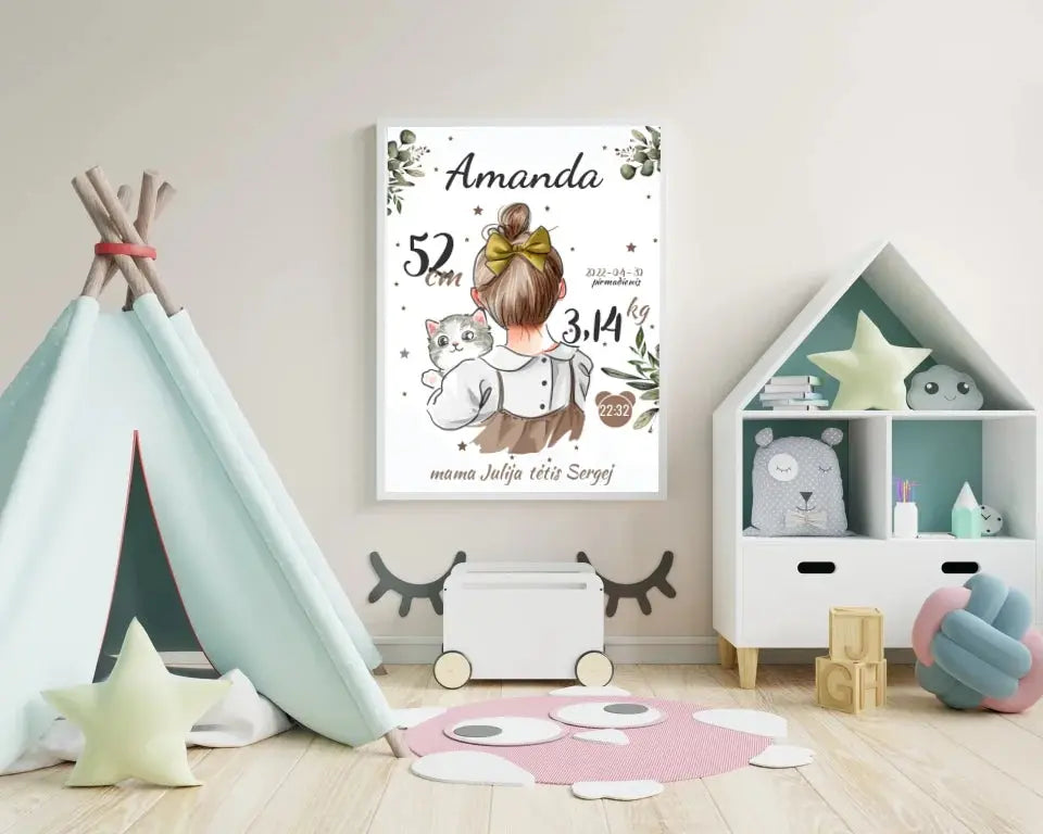 Personalizuota Mergaitės Gimimo Metrikų Iliustracija, plakatas su rėmeliu Posteris(Plakatas) - dovanokis.lt