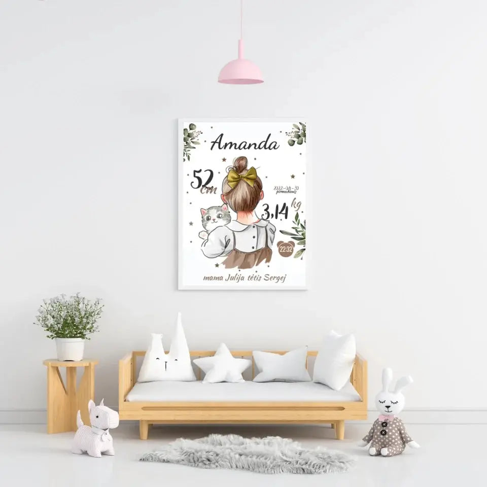 Personalizuota Mergaitės Gimimo Metrikų Iliustracija, plakatas su rėmeliu Posteris(Plakatas) - dovanokis.lt