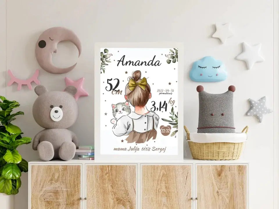 Personalizuota Mergaitės Gimimo Metrikų Iliustracija, plakatas su rėmeliu Posteris(Plakatas) - dovanokis.lt