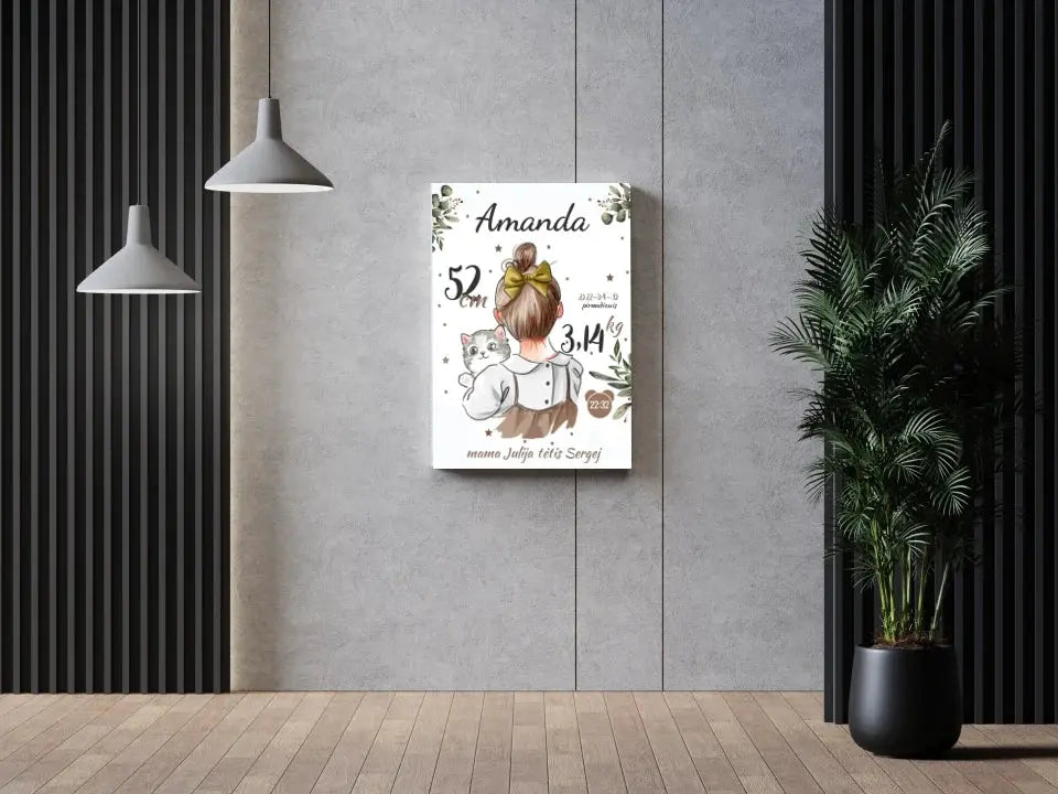 Personalizuota Mergaitės Gimimo Metrikų Iliustracija ant drobės Drobe - dovanokis.lt