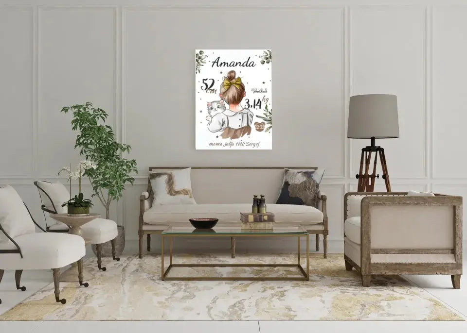 Personalizuota Mergaitės Gimimo Metrikų Iliustracija ant drobės Drobe - dovanokis.lt