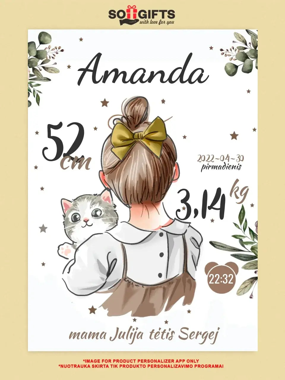 Personalizuota Mergaitės Gimimo Metrikų Iliustracija ant drobės Drobe - dovanokis.lt