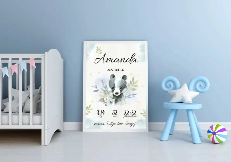 Personalizuota Mergaitės Gimimo Metrikų Iliustracija, plakatas su rėmeliu Posteris(Plakatas) - dovanokis.lt