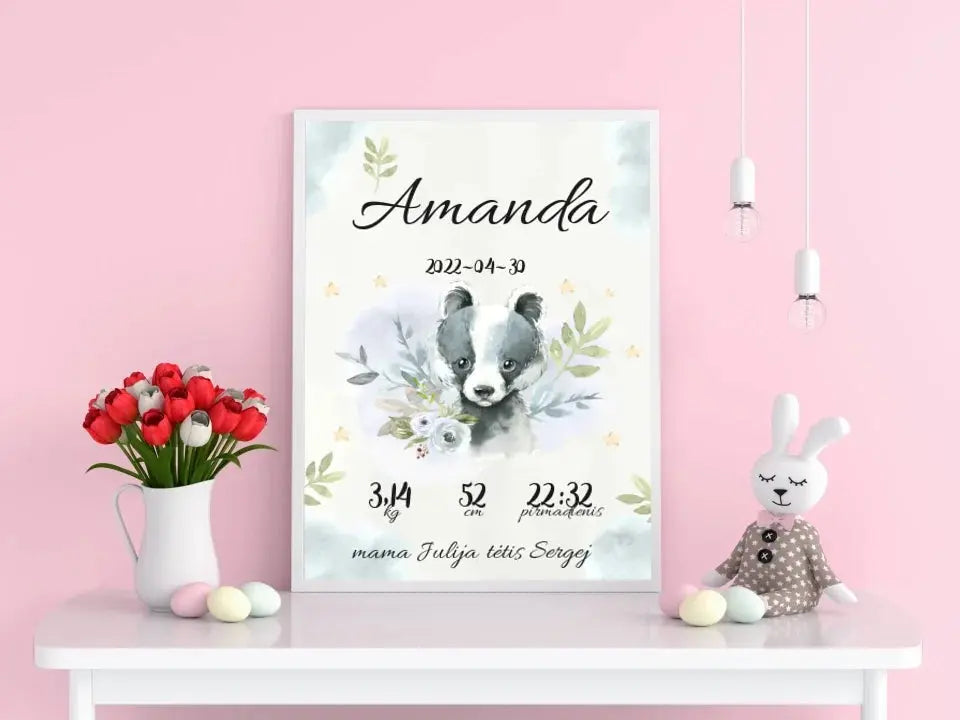 Personalizuota Mergaitės Gimimo Metrikų Iliustracija, plakatas su rėmeliu Posteris(Plakatas) - dovanokis.lt