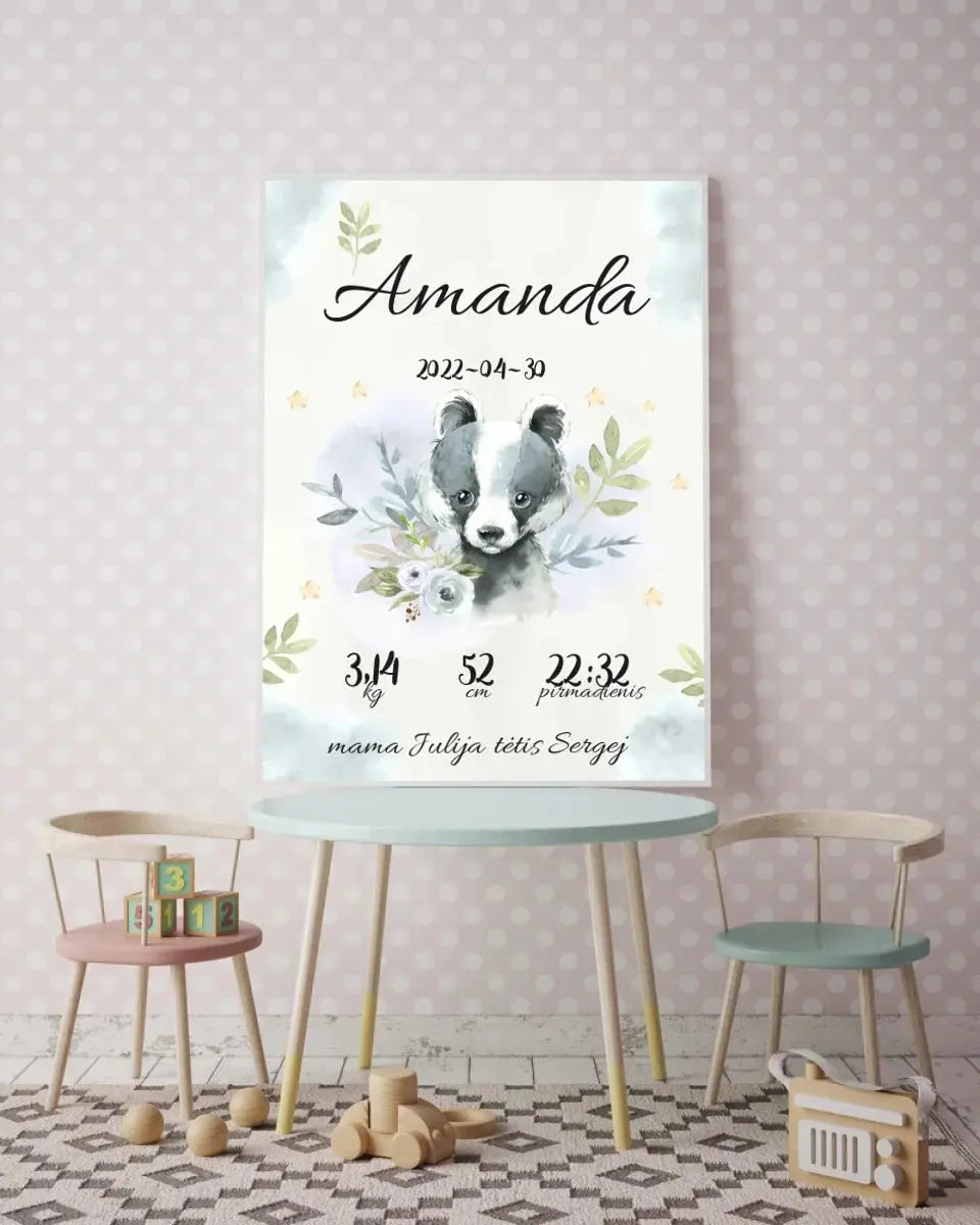 Personalizuota Mergaitės Gimimo Metrikų Iliustracija, plakatas su rėmeliu Posteris(Plakatas) - dovanokis.lt
