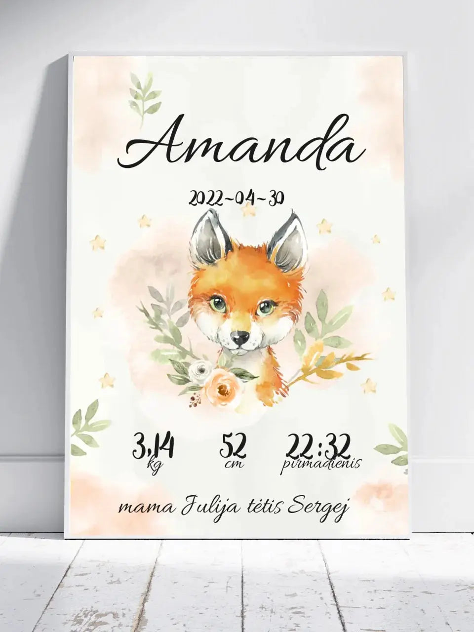 Personalizuota Mergaitės Gimimo Metrikų Iliustracija, plakatas su rėmeliu Posteris(Plakatas) - dovanokis.lt