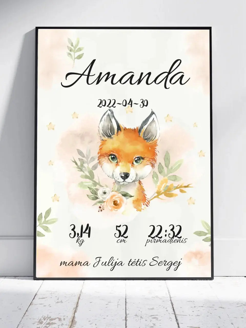 Personalizuota Mergaitės Gimimo Metrikų Iliustracija, plakatas su rėmeliu Posteris(Plakatas) - dovanokis.lt