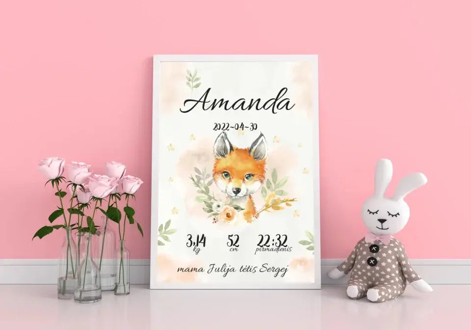 Personalizuota Mergaitės Gimimo Metrikų Iliustracija, plakatas su rėmeliu Posteris(Plakatas) - dovanokis.lt