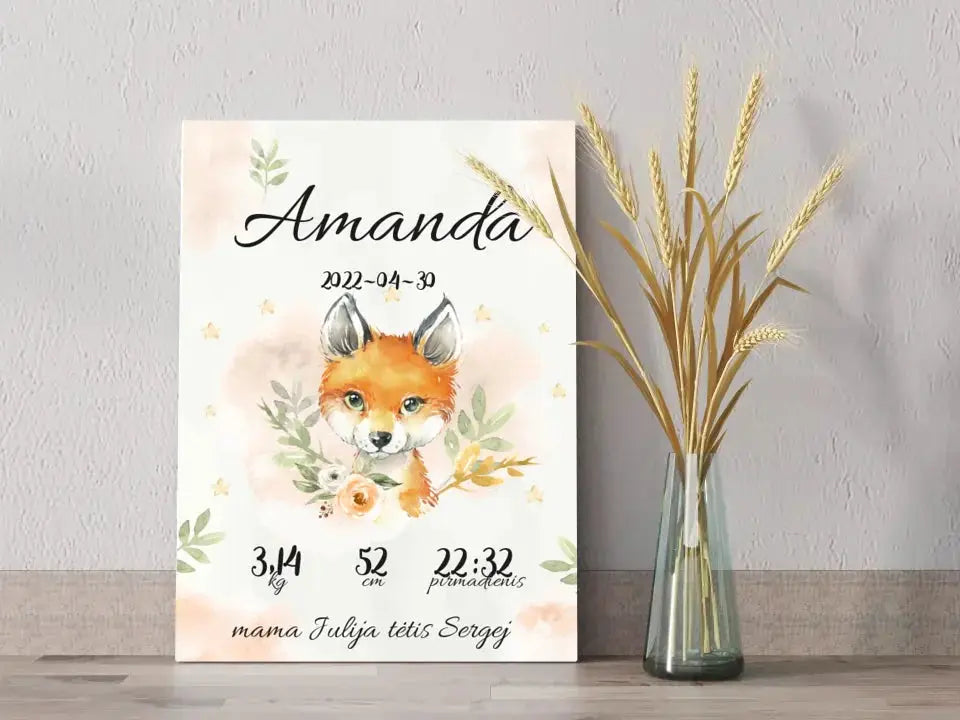 Personalizuota Mergaitės Gimimo Metrikų Iliustracija ant drobės Drobe - dovanokis.lt