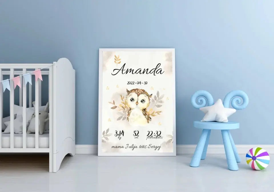 Personalizuota Mergaitės Gimimo Metrikų Iliustracija, plakatas su rėmeliu Posteris(Plakatas) - dovanokis.lt