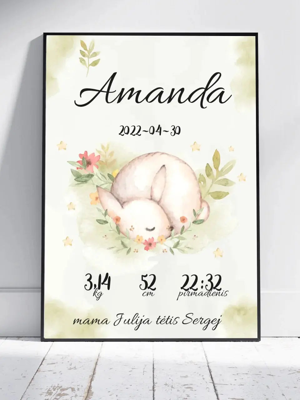 Personalizuota Mergaitės Gimimo Metrikų Iliustracija, plakatas su rėmeliu Posteris(Plakatas) - dovanokis.lt