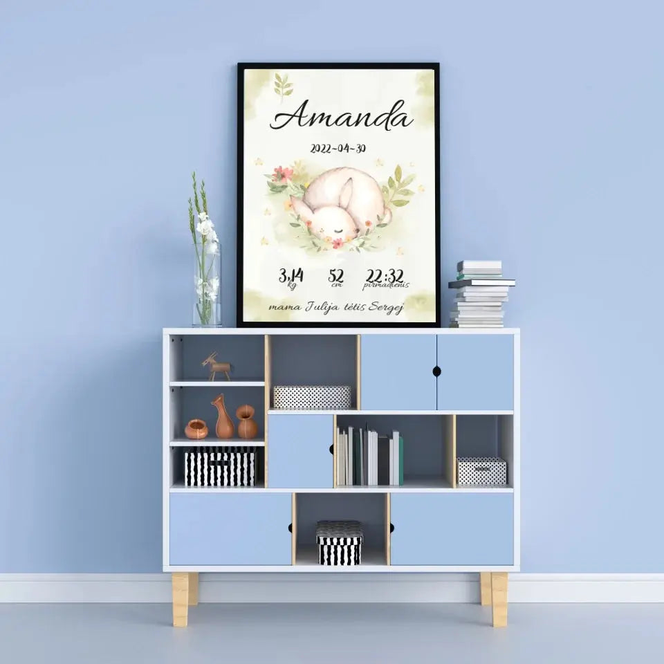 Personalizuota Mergaitės Gimimo Metrikų Iliustracija, plakatas su rėmeliu Posteris(Plakatas) - dovanokis.lt
