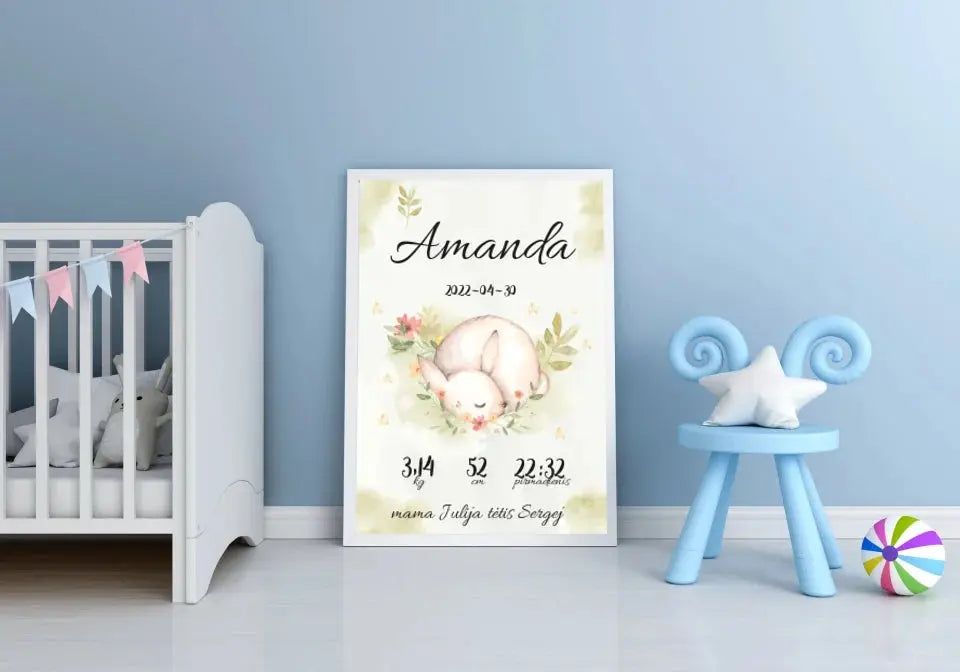 Personalizuota Mergaitės Gimimo Metrikų Iliustracija, plakatas su rėmeliu Posteris(Plakatas) - dovanokis.lt