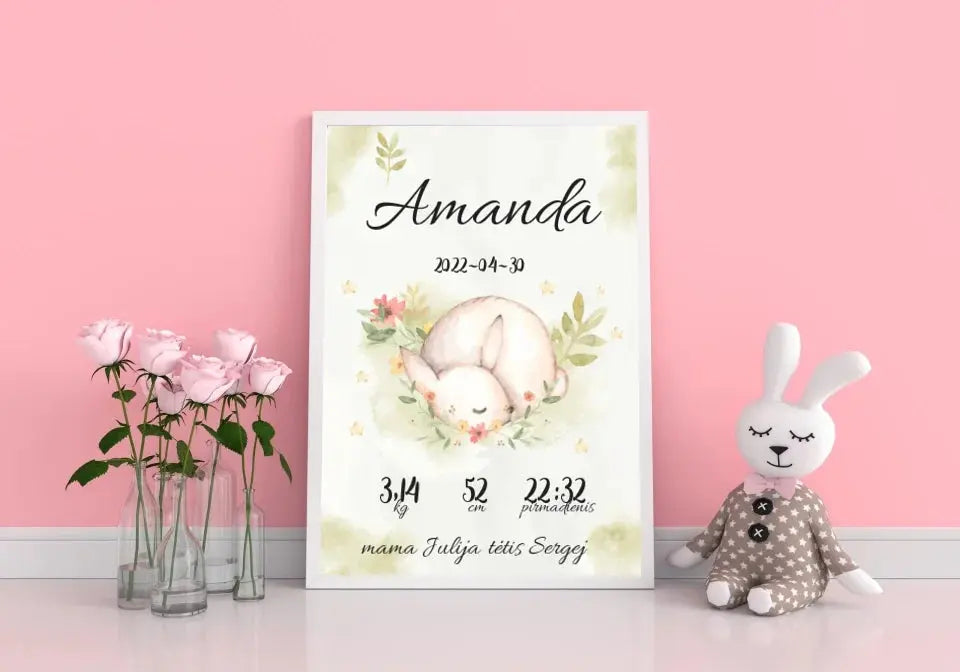 Personalizuota Mergaitės Gimimo Metrikų Iliustracija, plakatas su rėmeliu Posteris(Plakatas) - dovanokis.lt