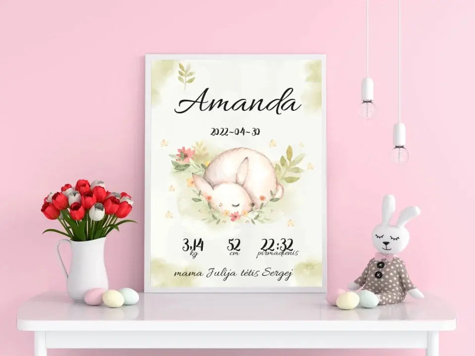 Personalizuota Mergaitės Gimimo Metrikų Iliustracija, plakatas su rėmeliu Posteris(Plakatas) - dovanokis.lt
