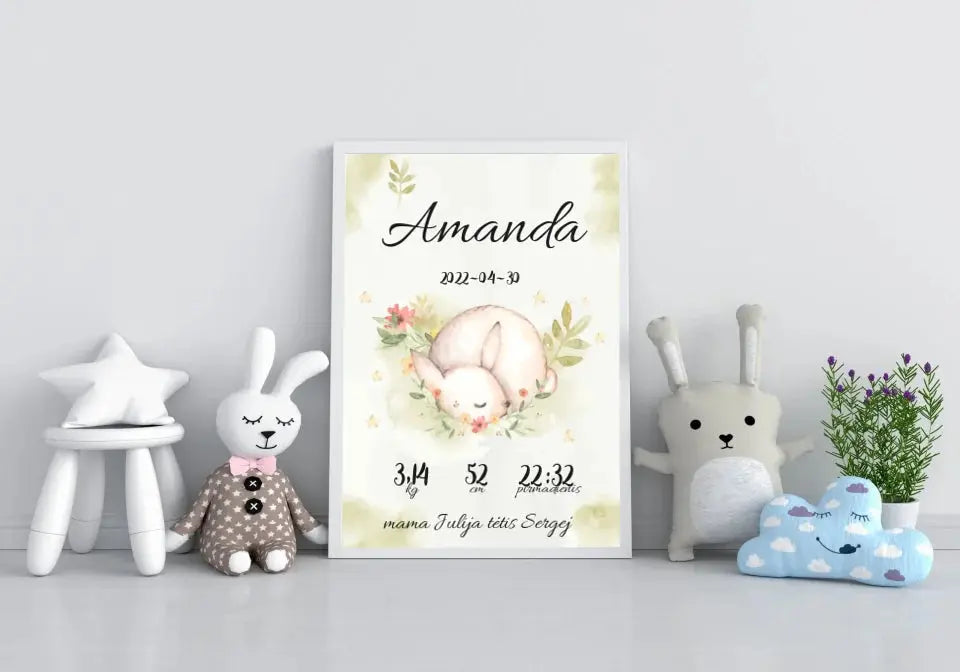 Personalizuota Mergaitės Gimimo Metrikų Iliustracija, plakatas su rėmeliu Posteris(Plakatas) - dovanokis.lt