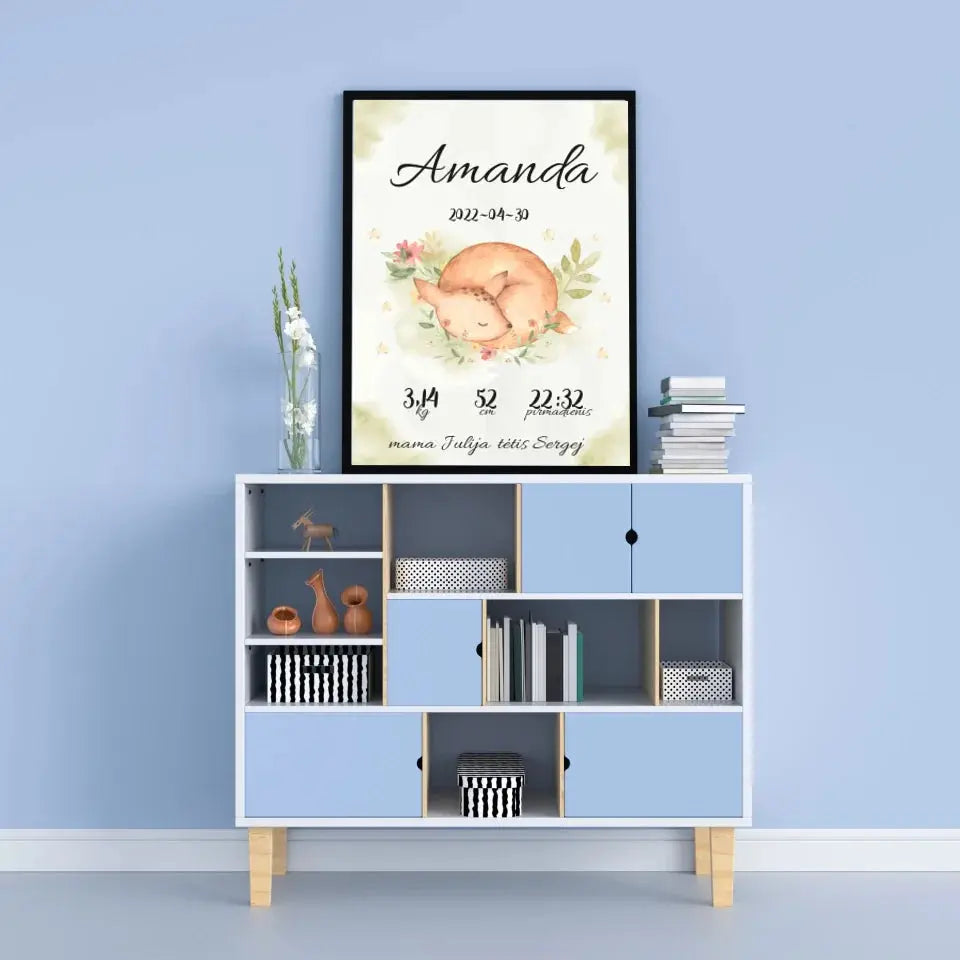 Personalizuota Mergaitės Gimimo Metrikų Iliustracija, plakatas su rėmeliu Posteris(Plakatas) - dovanokis.lt