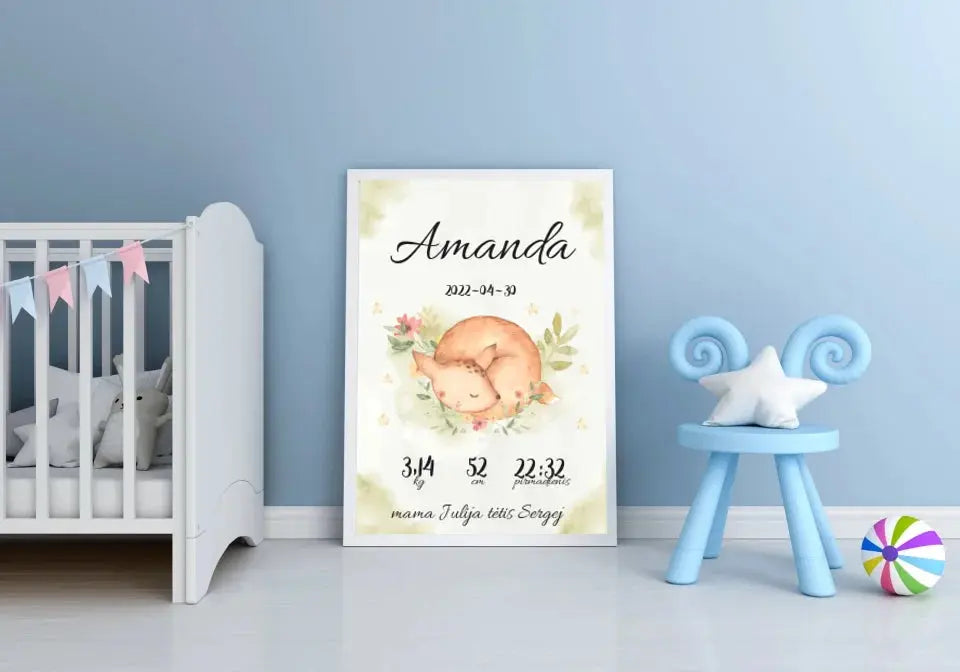 Personalizuota Mergaitės Gimimo Metrikų Iliustracija, plakatas su rėmeliu Posteris(Plakatas) - dovanokis.lt