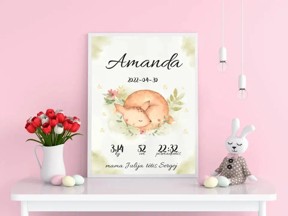 Personalizuota Mergaitės Gimimo Metrikų Iliustracija, plakatas su rėmeliu Posteris(Plakatas) - dovanokis.lt