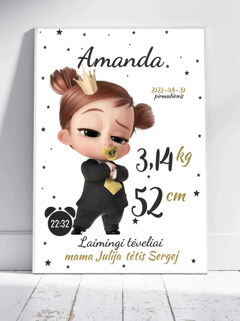 Personalizuota Mergaitės Gimimo Metrikų Iliustracija, plakatas su rėmeliu Customizer - dovanokis.lt