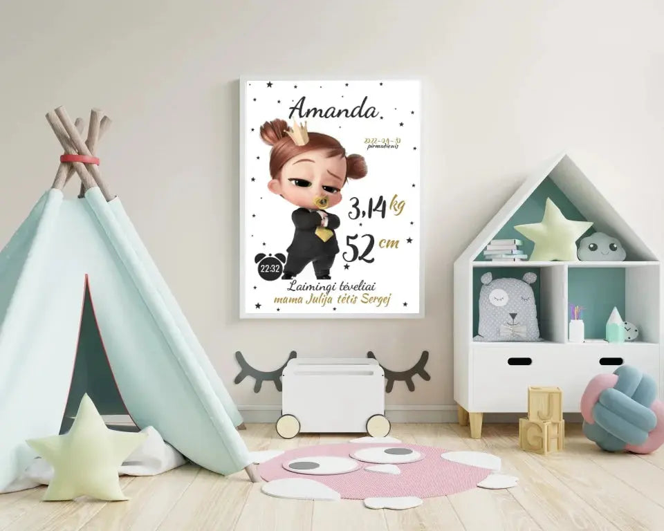 Personalizuota Mergaitės Gimimo Metrikų Iliustracija, plakatas su rėmeliu Customizer - dovanokis.lt