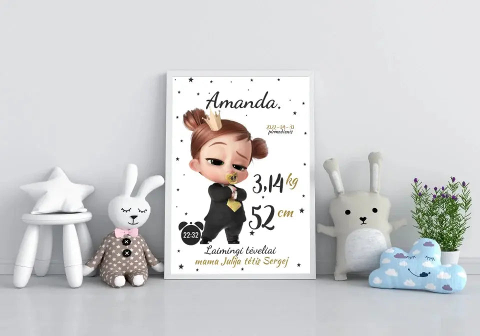 Personalizuota Mergaitės Gimimo Metrikų Iliustracija, plakatas su rėmeliu Customizer - dovanokis.lt