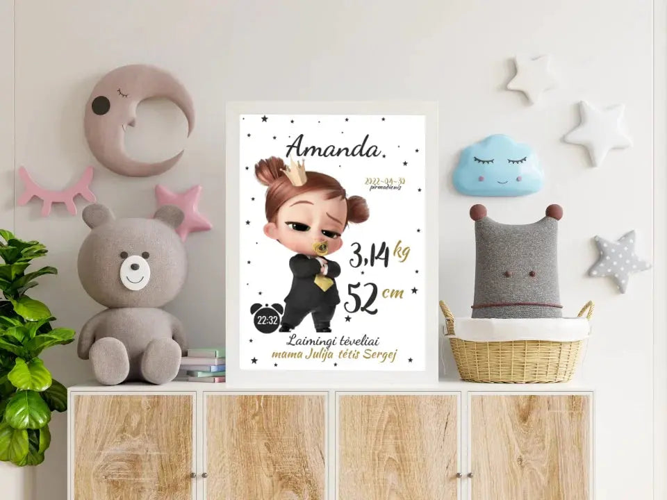 Personalizuota Mergaitės Gimimo Metrikų Iliustracija, plakatas su rėmeliu Customizer - dovanokis.lt