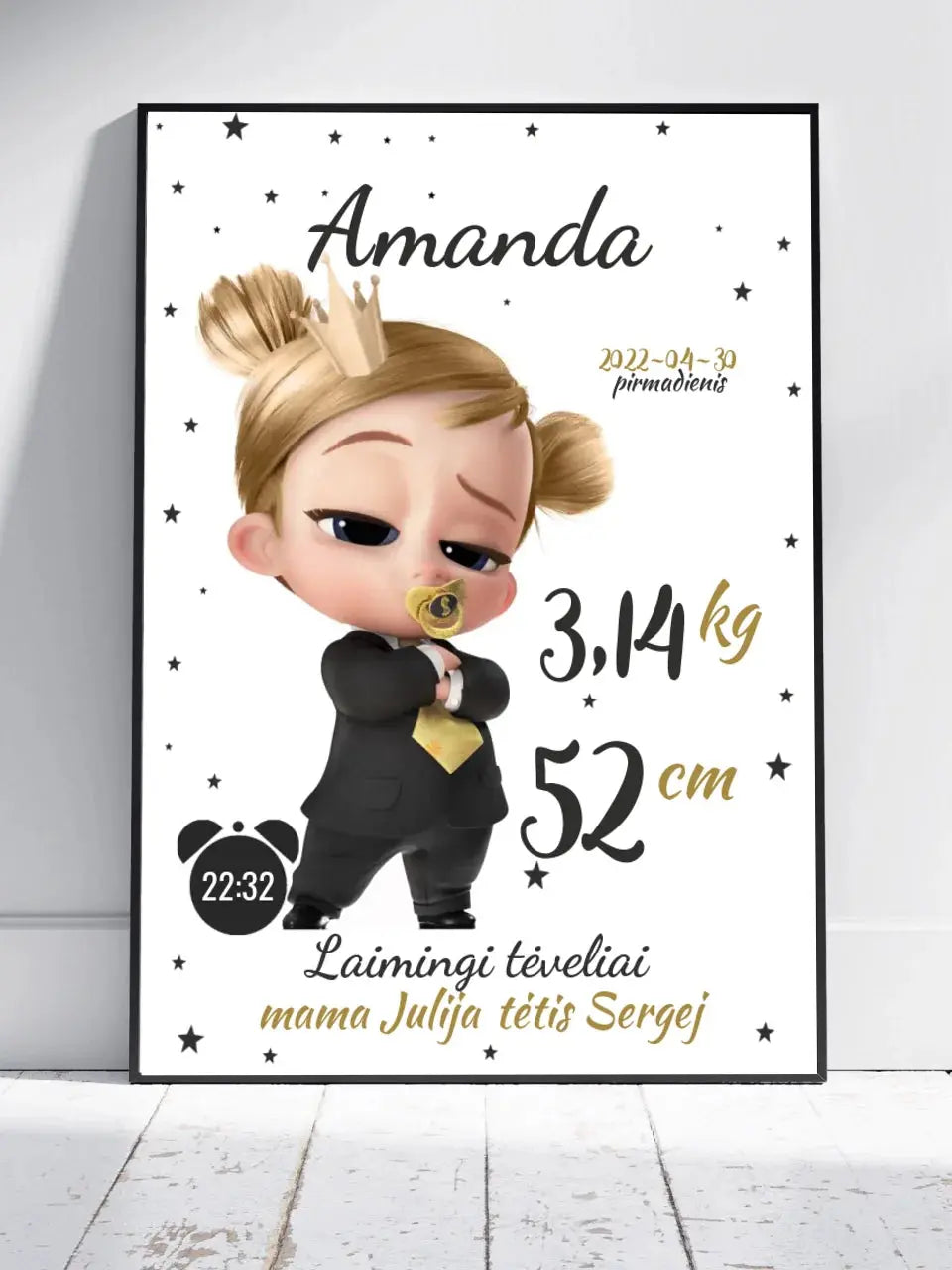 Personalizuota Mergaitės Gimimo Metrikų Iliustracija, plakatas su rėmeliu Customizer - dovanokis.lt