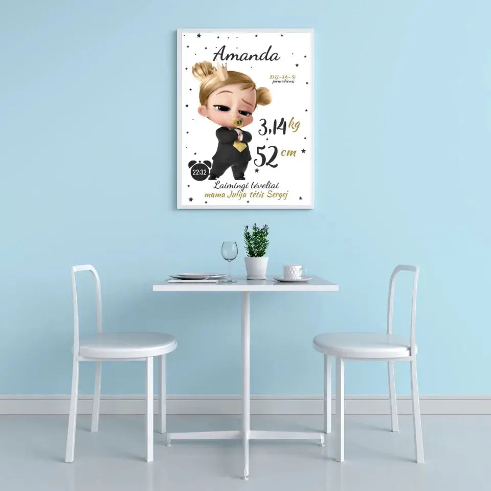 Personalizuota Mergaitės Gimimo Metrikų Iliustracija, plakatas su rėmeliu Customizer - dovanokis.lt