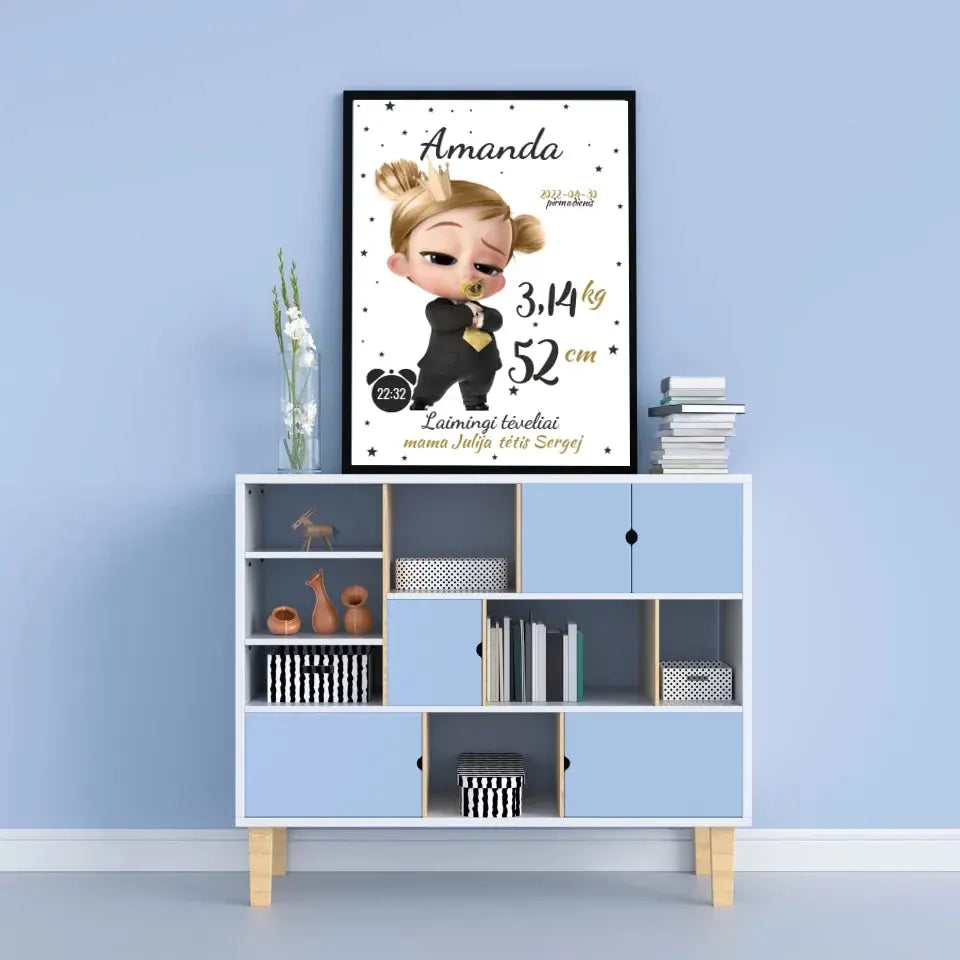 Personalizuota Mergaitės Gimimo Metrikų Iliustracija, plakatas su rėmeliu Customizer - dovanokis.lt