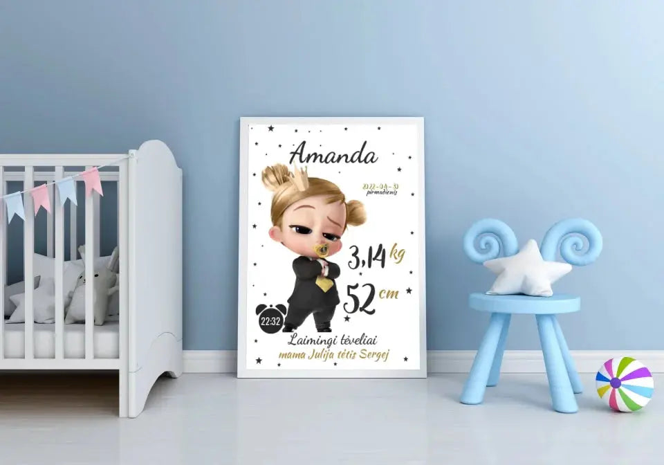 Personalizuota Mergaitės Gimimo Metrikų Iliustracija, plakatas su rėmeliu Customizer - dovanokis.lt