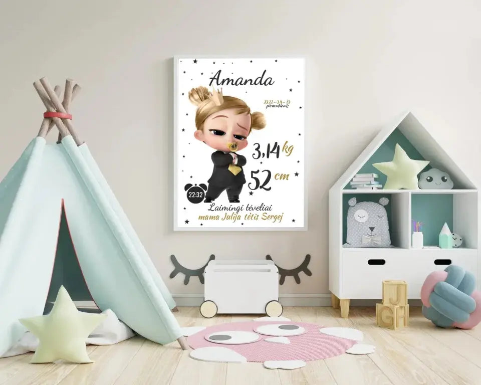Personalizuota Mergaitės Gimimo Metrikų Iliustracija, plakatas su rėmeliu Customizer - dovanokis.lt