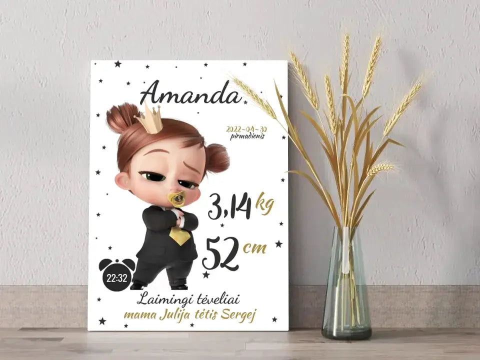 Personalizuota Mergaitės Gimimo Metrikų Iliustracija ant drobės Drobe - dovanokis.lt