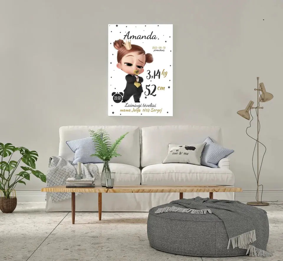 Personalizuota Mergaitės Gimimo Metrikų Iliustracija ant drobės Drobe - dovanokis.lt
