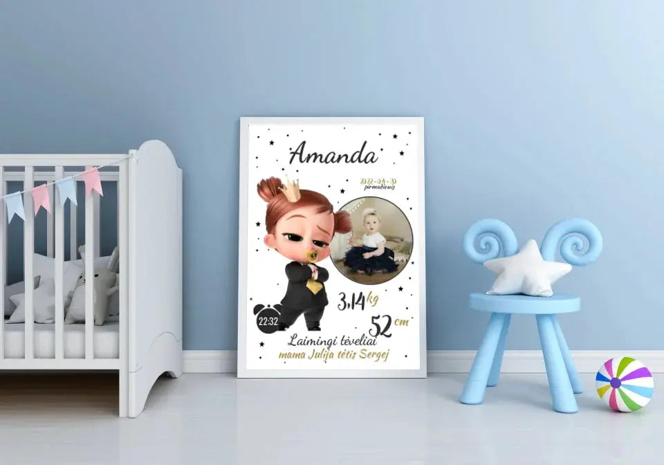 Personalizuota Mergaitės Gimimo Metrikų Iliustracija, plakatas su rėmeliu Customizer - dovanokis.lt