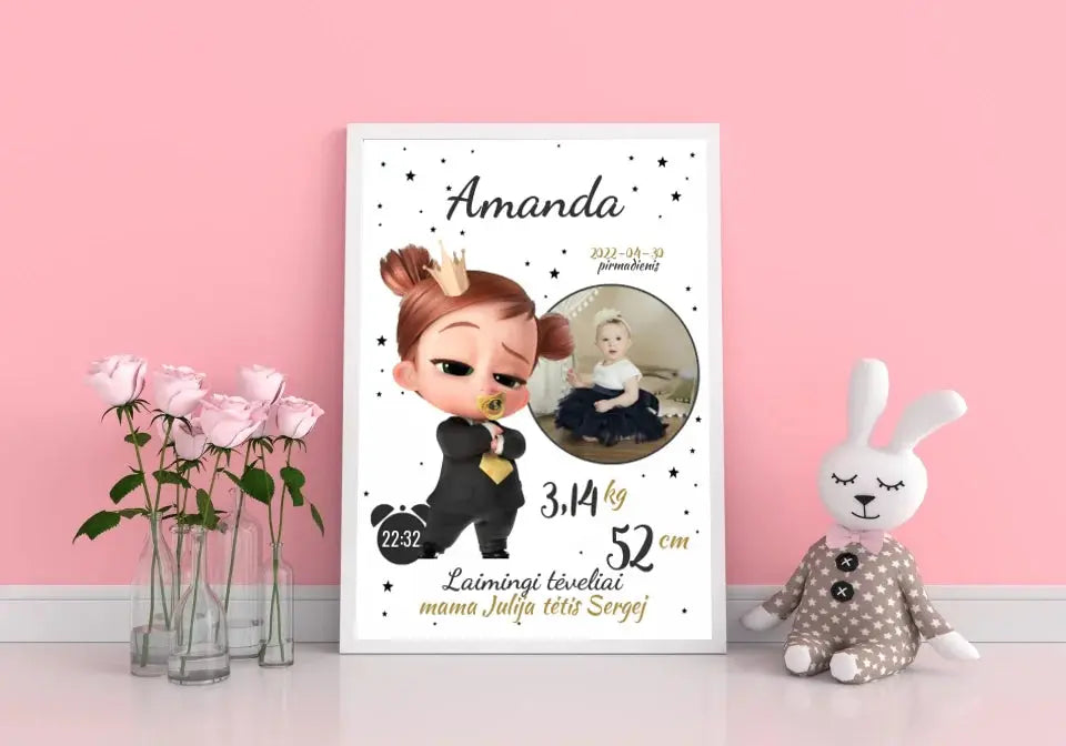 Personalizuota Mergaitės Gimimo Metrikų Iliustracija, plakatas su rėmeliu Customizer - dovanokis.lt