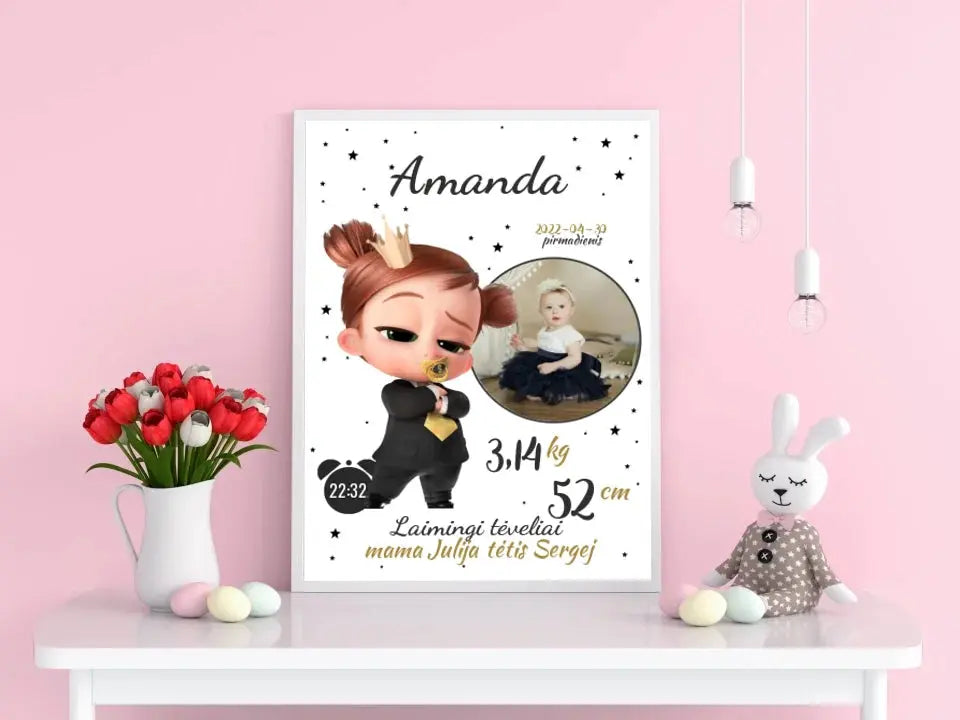 Personalizuota Mergaitės Gimimo Metrikų Iliustracija, plakatas su rėmeliu Customizer - dovanokis.lt