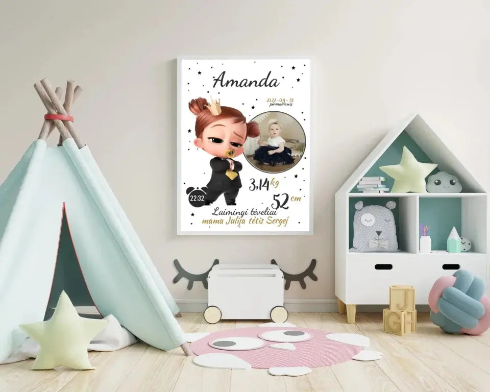 Personalizuota Mergaitės Gimimo Metrikų Iliustracija, plakatas su rėmeliu Customizer - dovanokis.lt