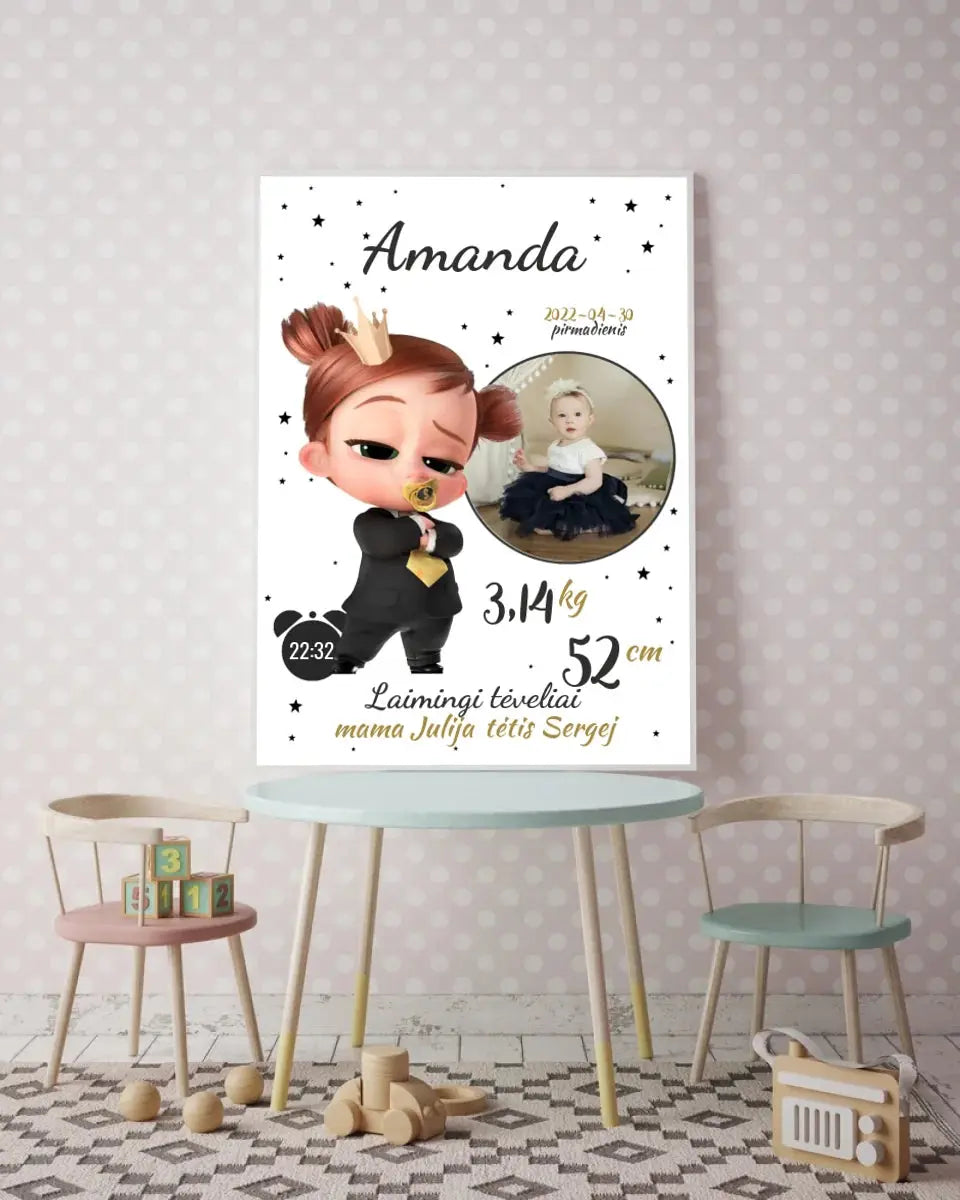 Personalizuota Mergaitės Gimimo Metrikų Iliustracija, plakatas su rėmeliu Customizer - dovanokis.lt