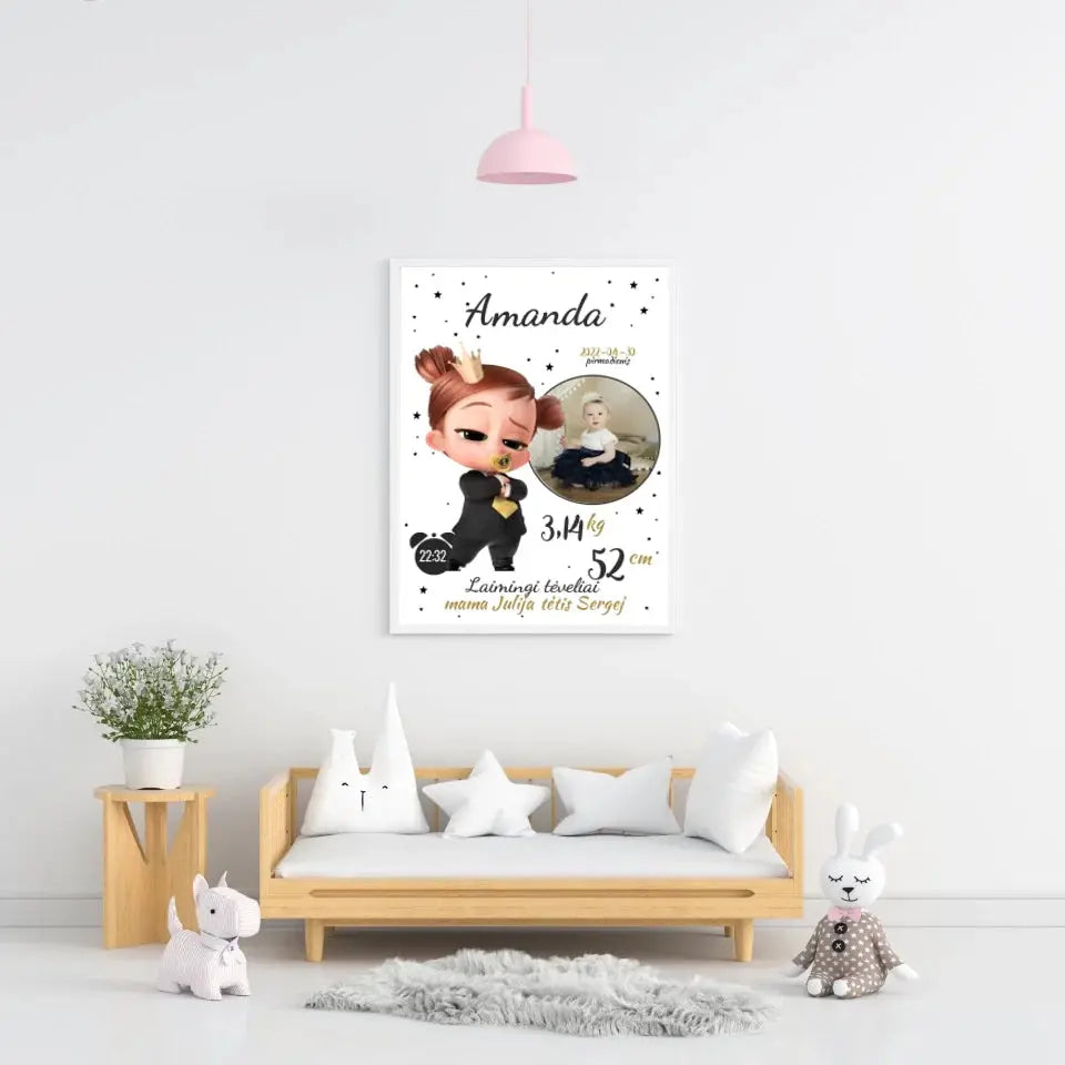 Personalizuota Mergaitės Gimimo Metrikų Iliustracija, plakatas su rėmeliu Customizer - dovanokis.lt