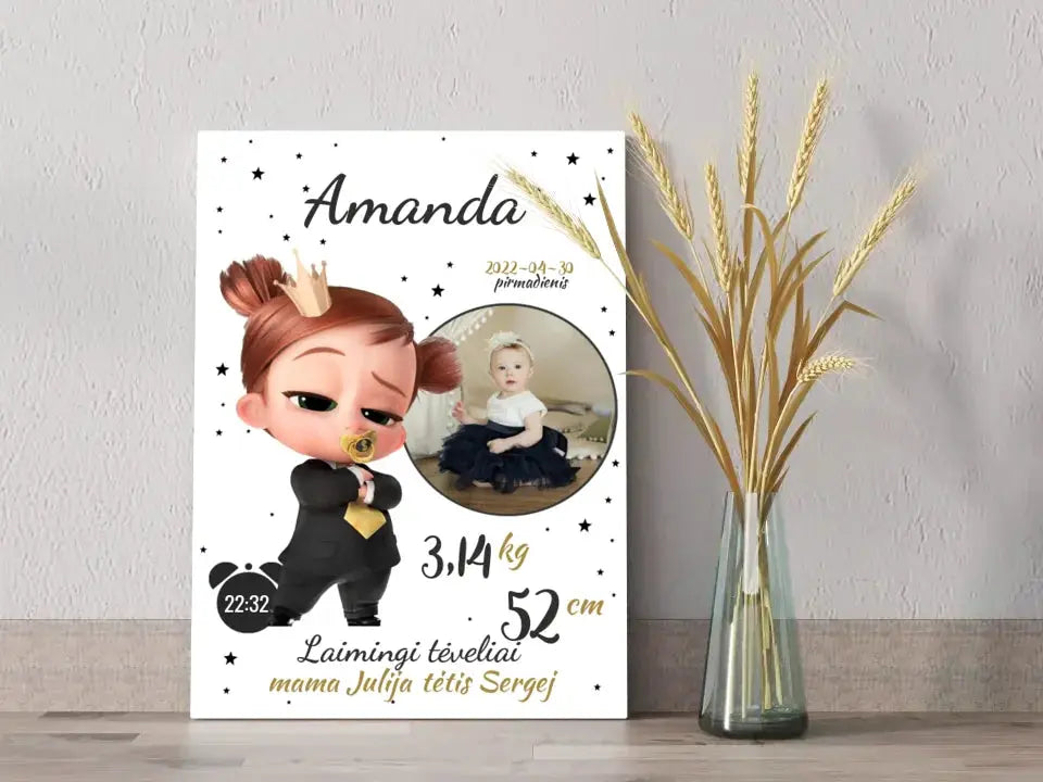 Personalizuota Mergaitės Gimimo Metrikų Iliustracija ant drobės Drobe - dovanokis.lt