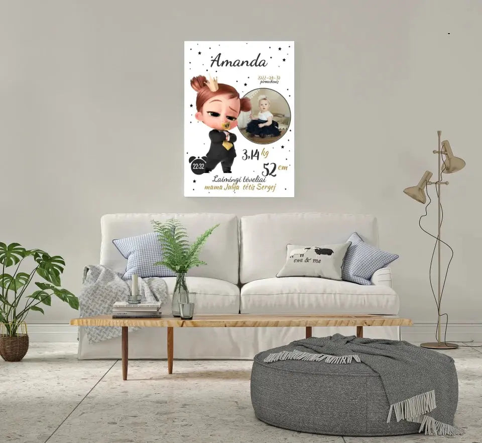 Personalizuota Mergaitės Gimimo Metrikų Iliustracija ant drobės Drobe - dovanokis.lt