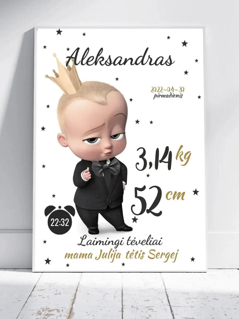 Personalizuota Berniuko Gimimo Metrikų Iliustracija, plakatas su rėmeliu Customizer - dovanokis.lt