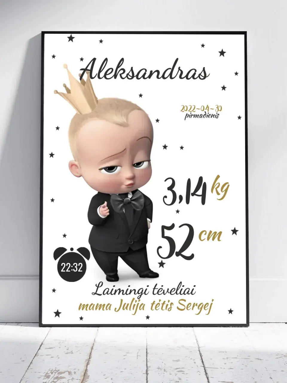 Personalizuota Berniuko Gimimo Metrikų Iliustracija, plakatas su rėmeliu Customizer - dovanokis.lt