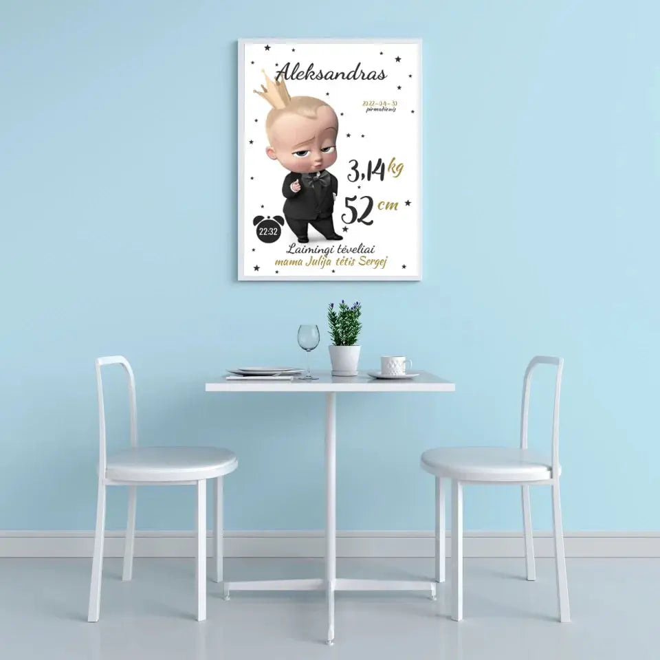 Personalizuota Berniuko Gimimo Metrikų Iliustracija, plakatas su rėmeliu Customizer - dovanokis.lt