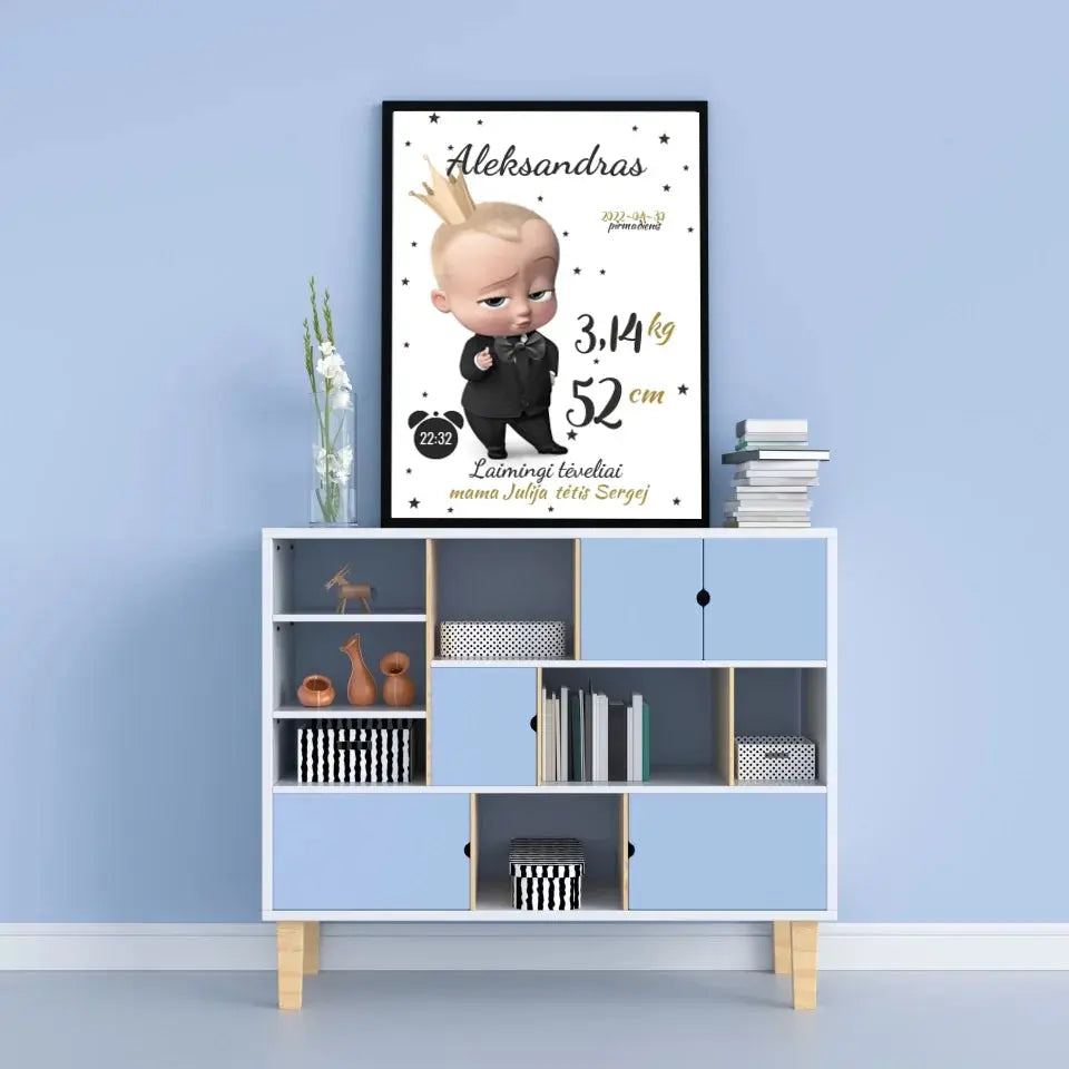 Personalizuota Berniuko Gimimo Metrikų Iliustracija, plakatas su rėmeliu Customizer - dovanokis.lt