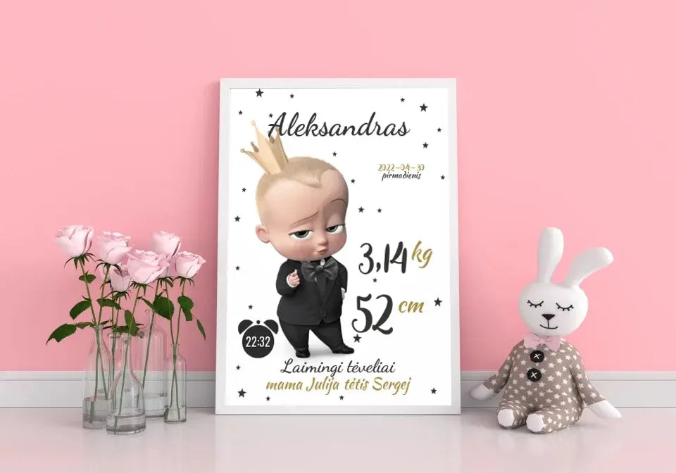 Personalizuota Berniuko Gimimo Metrikų Iliustracija, plakatas su rėmeliu Customizer - dovanokis.lt