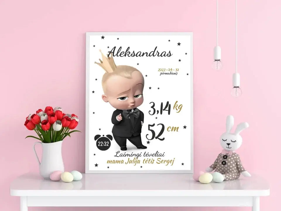 Personalizuota Berniuko Gimimo Metrikų Iliustracija, plakatas su rėmeliu Customizer - dovanokis.lt